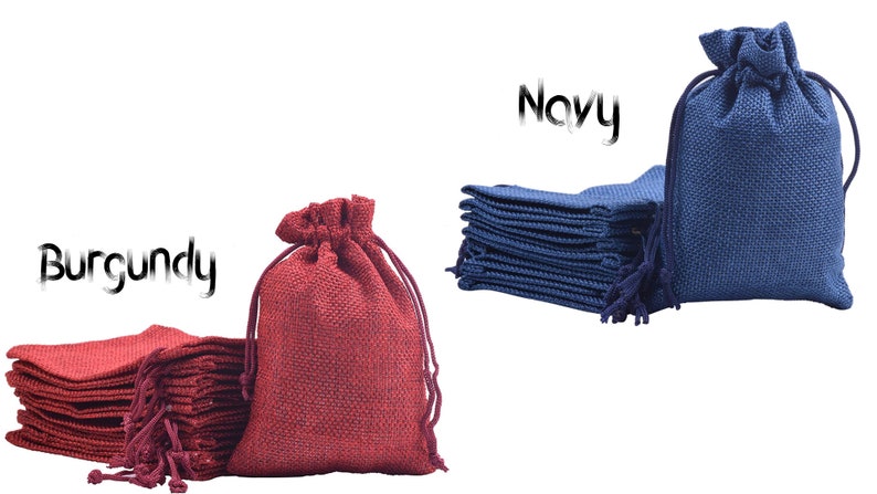 May include: A stack of 10 burgundy and 10 navy blue burlap drawstring pouches. The pouches are made of natural burlap fabric and have a drawstring closure. The pouches are perfect for packaging small gifts, jewelry, or other small items.