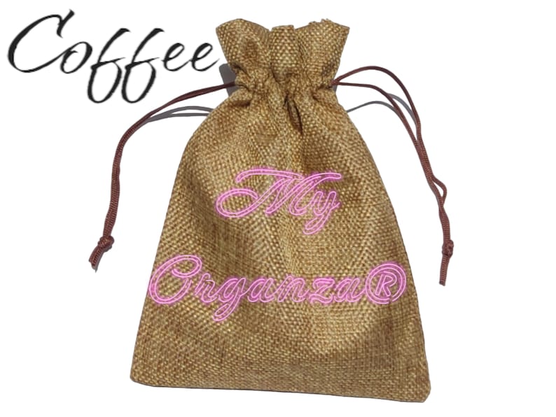 May include: A brown burlap drawstring bag with the text "My Organza&reg;" embroidered in pink.