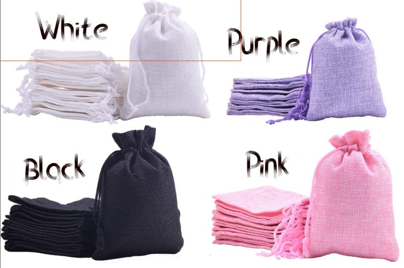 May include: A set of 10 small drawstring bags in four colors: white, purple, black, and pink. The bags are made of a woven fabric and have a drawstring closure. The bags are stacked in piles of 10, with one bag displayed open.