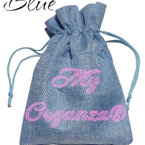 May include: Blue drawstring bag made of burlap with the words "My Organza" embroidered in pink.