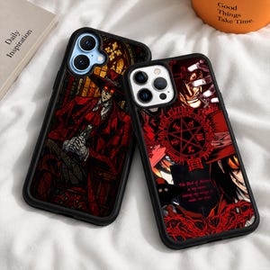 May include: Two black smartphone cases featuring anime-style character art. The left case shows a figure in a red suit against a stained-glass background. The right case displays a red pentagram emblem, text reading The Bird of Hermes is my name.
