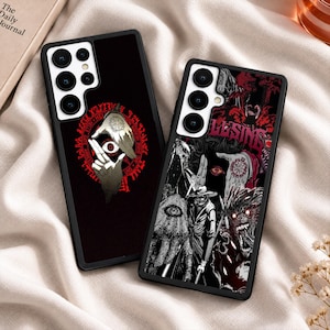 May include: Two black smartphone cases featuring Hellsing anime graphics. The left case displays a red circular seal with a central eye and hand gesture. The right case shows a detailed collage of characters, a red seal, and the text HELLSING.