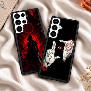 May include: Two black smartphone cases featuring anime-inspired graphics. The left case displays a dark silhouette against a vibrant red background with a circular seal. The right case shows pale hands forming a frame around a single red eye.