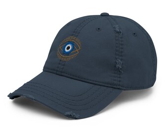 New Custom Designed Blue Distressed Baseball Cap with 2 Embroidered Evil Eyes Evil Eye Hat | Martha of Miami - Mal De Ojo main image 2