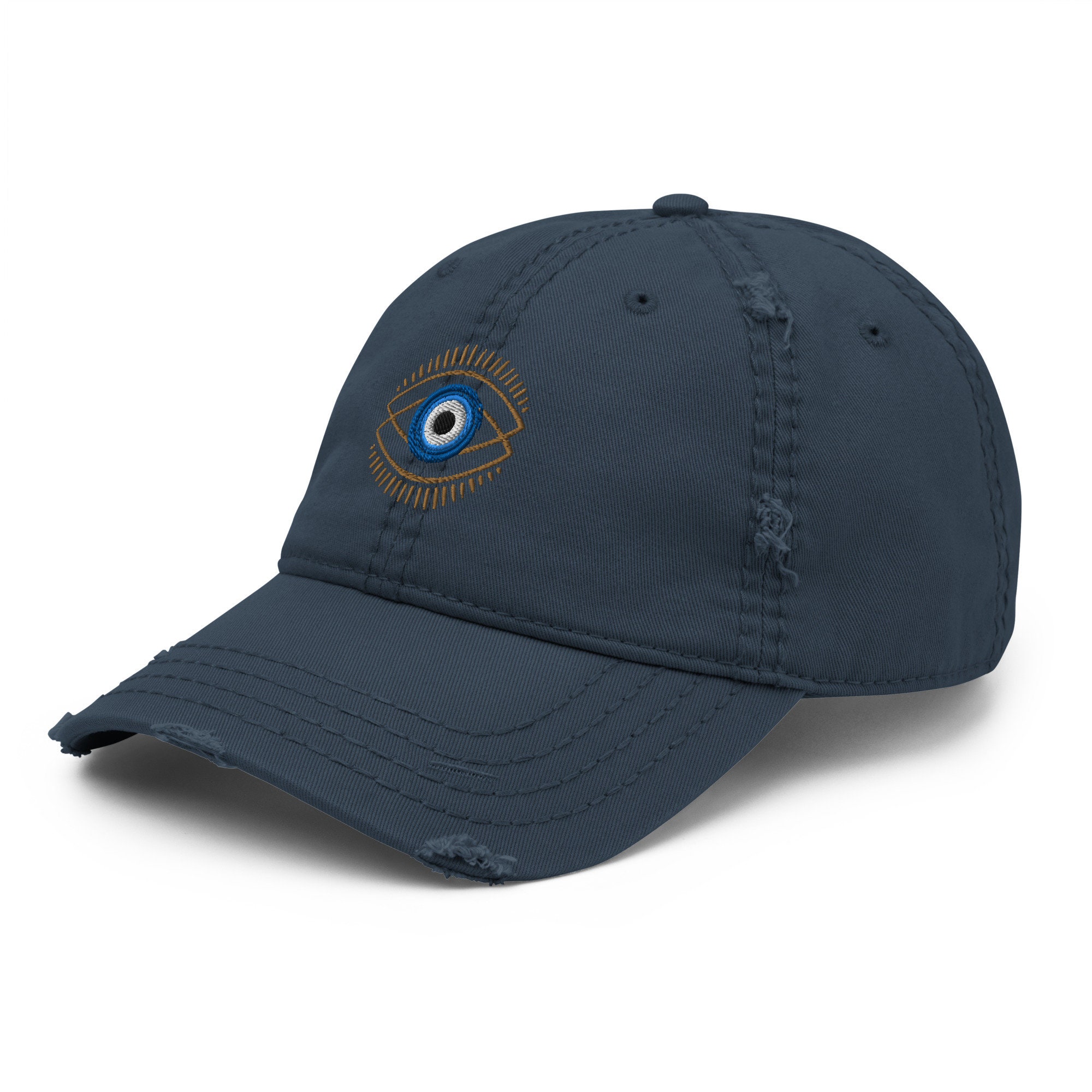 New Custom Designed Blue Distressed Baseball Cap with Embroidered Evil Eye Evil Eye Cap – DALYANYC main image 3