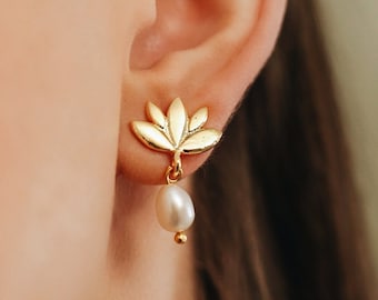 Lotus Flower Earrings, Flower Dangle Pearl Earrings, Handmade Earrings, Bridal Earrings, Elegant Fashion Jewelry, Mother's day gift