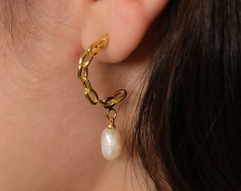 Chain Hoop Earrings, Pearl Drop Earrings, Baroque Pearl Earrings, Elegant Hoop Earrings, Bridesmaid Gifts, Mother's Gifts