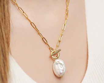 Baroque Pearl Chain Necklace, Link Chain, Gold Chunky Chain, Large Baroque Pearl Necklace, Gold Layered Necklace, Mother's Day Gift