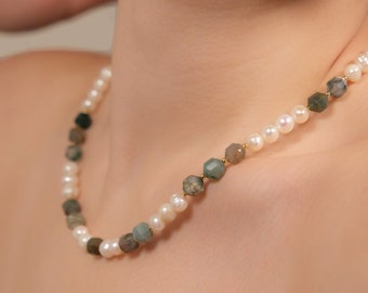 Collar de piedra de ágata natural, collar de perlas naturales de agua dulce, collar de ágata de cristal, collar elegante para amante, regalo para madre