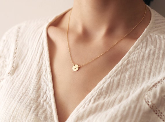 Initial Disc Necklace Small Coin Initial Necklace Gold Initial Disc Silver Rose Gold Delicate Initial Coin Necklace Etsy Canada