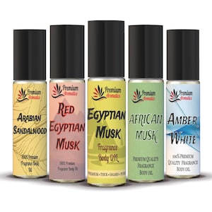 Premium Perfume Body Oil Fragrance Comes in Travel Size Rollon Bottle - Egyptian Musk, Amber white, African Musk, Red EG Musk, Frank & Myrrh