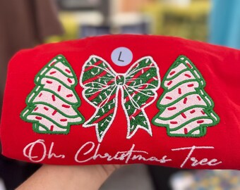 Oh Christmas Tree Embroidered Shirt, Christmas Tree Bow Sweatshirt, Holiday Applique Shirt, Festive Christmas Crewneck