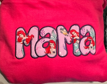 Mermaid Mama Embroidered Shirt, Princess Inspired Mama Shirt, Mermaid Mom Sweatshirt, Applique Mama Shirt, Gift for Mom