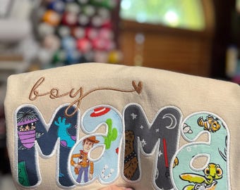 Boy Mama Embroidered Shirt, Choose Your Print Mama Tee, Custom Character Mama Sweatshirt, Personalized Boy Mom Shirt, Applique Embroidery
