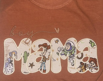 Toy Inspired Mama Shirt, Embroidered MAMA Sweatshirt, Colorful Character Applique Mom Crewneck, Nostalgic Mama Shirt, Mama Gift