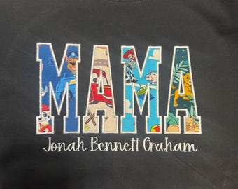 Custom Embroidered Mama Shirt, Choose Your Own Print Mama Sweatshirt, Personalized Applique Mom Shirt, Custom Fabric Embroidery Mother’s Day