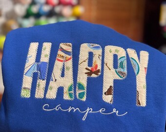 Happy Camper Applique Sweatshirt | Personalized Camping Crewneck | Custom Kids Camping Shirt | Outdoor Adventure Embroidered Pullover