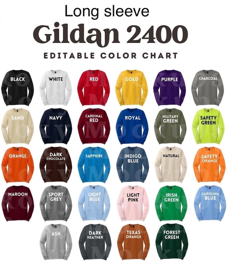 Op de afbeelding: Een bewerkbare kleurenkaart voor het Gildan 2400 t-shirt met lange mouwen, met dertig verschillende shirtkleuren in een raster. Elk shirt is gelabeld met de bijbehorende kleurnaam, waaronder zwart, wit, rood, goud, paars, antraciet, zand, marine, kardinaalrood, royal, militair groen, veiligheidsgroen, oranje, donkere chocolade, saffier, indigoblauw, naturel, veiligheidsoranje, bordeaux, sportgrijs, lichtblauw, lichtroze, iers groen, carolinablauw, as, donker heide, texas oranje en bosgroen.