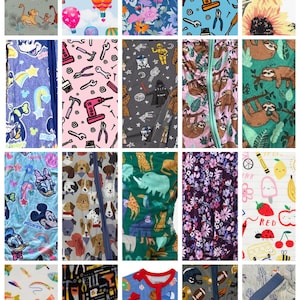Op de afbeelding: Een collage van twintig stoffen stalen met diverse patronen, waaronder stripfiguren, heteluchtballonnen, bloemenprints, gereedschap, zonnebloemen, luiaards, honden, jungle dieren, sportartikelen, etenswaren en winterse sc&egrave;nes met sneeuwpoppen.