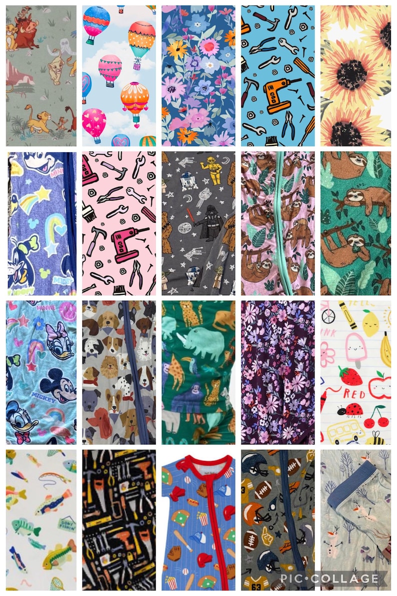 Op de afbeelding: Een collage van twintig stoffen stalen met diverse patronen, waaronder stripfiguren, heteluchtballonnen, bloemenprints, gereedschap, zonnebloemen, luiaards, honden, jungle dieren, sportartikelen, etenswaren en winterse sc&egrave;nes met sneeuwpoppen.