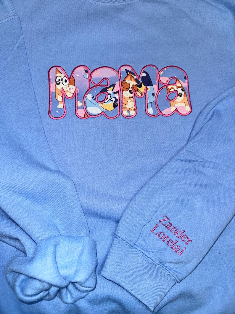 May include: A light blue sweatshirt featuring the word MAMA embroidered in pink-outlined letters filled with a cartoon dog pattern. The sleeve displays the names Zander and Lorelai embroidered in red thread on the cuff area of the garment.