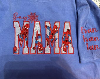 Boy Mama Spider Web Shirt, Embroidered MAMA Sweatshirt, Spider Inspired Mom Shirt, Applique Mama Crewneck, Boy Mom Gift