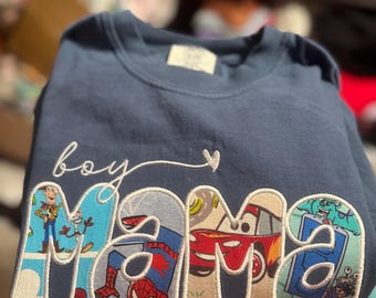 Boy Mama Embroidered Shirt, Choose Your Print Mama Sweatshirt, Character Inspired Mom Shirt, Custom Applique Mama Tee, Boy Mom Gift