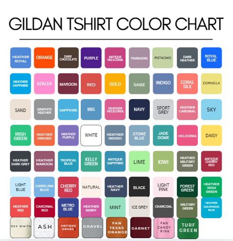 May include: A Gildan T-shirt color chart featuring a grid of sixty-three rounded square swatches, each labeled with its specific color name. The chart displays a wide variety of hues including heather, solid, and antique shades for apparel.