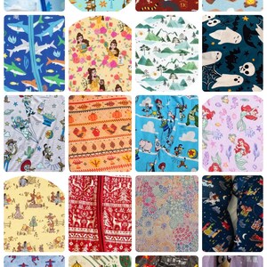 Op de afbeelding: Een collage van twintig stofstalen met diverse patronen, waaronder stripfiguren, vakantiethema's, bloemenprints, ruimtemotieven, onderwatersc&egrave;nes en seizoensgebonden ontwerpen zoals pompoenen en s'mores, weergegeven in een raster.