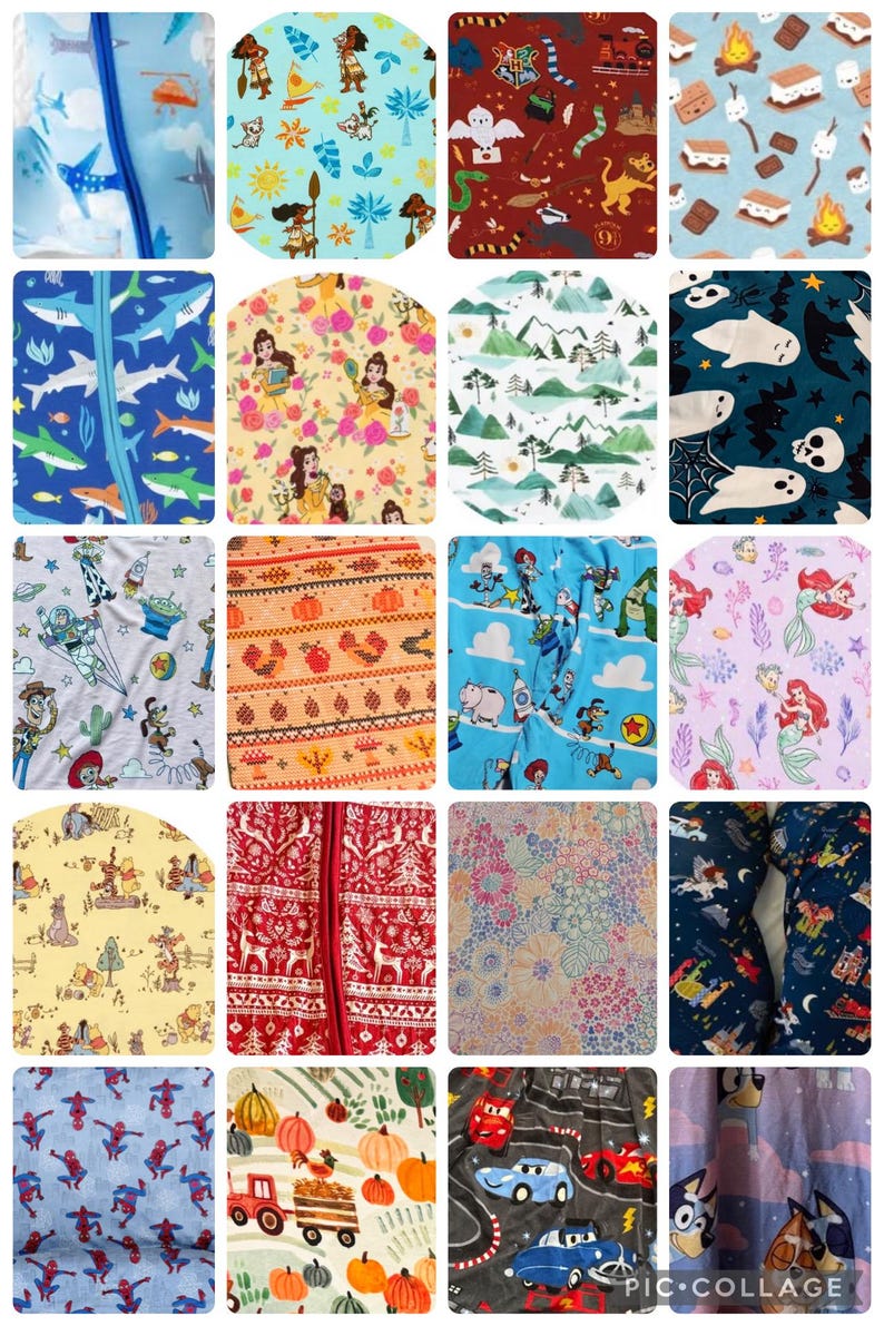 Op de afbeelding: Een collage van twintig stofstalen met diverse patronen, waaronder stripfiguren, vakantiethema's, bloemenprints, ruimtemotieven, onderwatersc&egrave;nes en seizoensgebonden ontwerpen zoals pompoenen en s'mores, weergegeven in een raster.