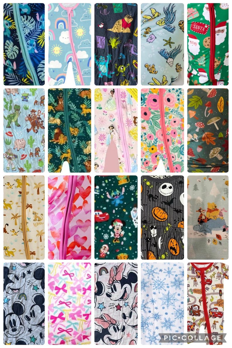 Op de afbeelding: Een collectie van twintig babyslaappakjes met diverse kleurrijke patronen, waaronder Disney-figuren, vakantiethema's, bloemenprints, hartjes, strikjes en seizoensgebonden motieven, elk voorzien van een centrale verticale ritssluiting.