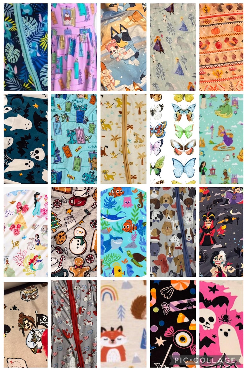 Op de afbeelding: Een collage van twintig stofstalen met diverse patronen, waaronder stripfiguren, vlinders, vakantiethema's, dieren en geesten. De textielsoorten tonen uiteenlopende kleuren en prints, waarbij elk gedeelte een eigen herhalend ontwerp laat zien.