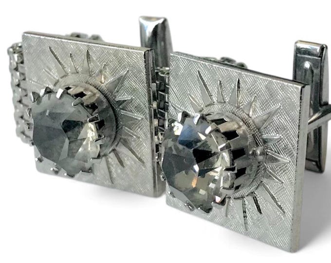 Gray Faceted Stone Silver-tone Wrap Around Cufflinks, Vintage Cufflinks, Estate Jewelry, Retro Fashion Mens Jewelry Cuff Link, Handsome Gift