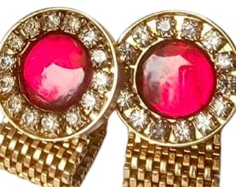 Happy Retro Red Cufflinks, Rhinestone Surround Floral Face Wraps, Goldtone Mesh Chain, Prince Charming Classy Groom Gift