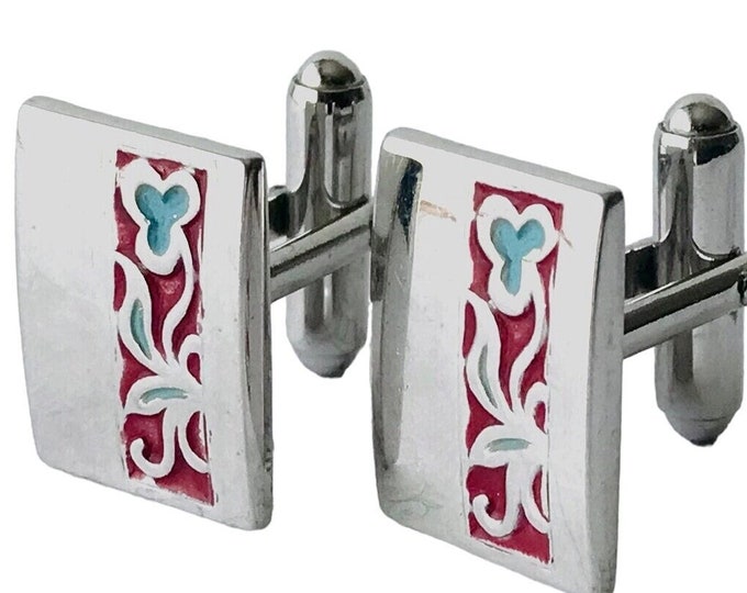 Retro Cufflinks, Silvertone Patina, Floral Embellishment, Classic Mid Century Style