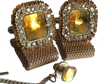 Sunshine Retro Bling, Deep Yellow Square Vintage Cufflink, Matching Tie Pin, Clear Stones Yellow Stones, Wrap Chain, Summer Wedding Set