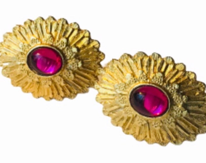 Large Vintage 70s Gold-tone Floral Cufflinks Cuff Links Magenta Cabochon by Avon