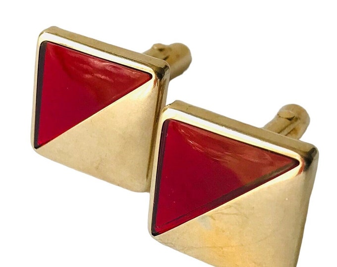 Vintage Geometric Cufflinks, Red Enamel Triangle on a Gold-tone Square, Dapper Accessory for a Retro Look