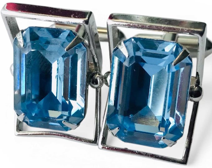 Gatsby Style Vintage Cufflinks, Translucent Arctic Blue Beveled Glass Chunks, Silvertone Casing, Emerald Cut, Light Blue Color Cuff Links