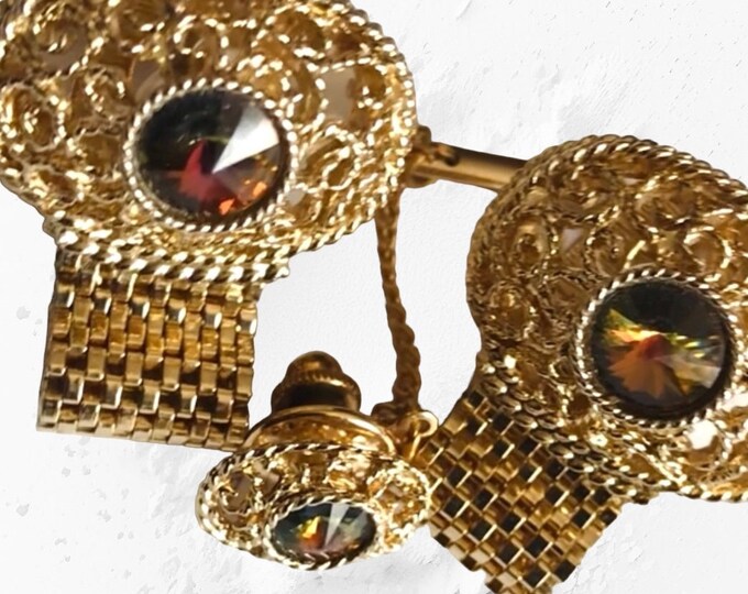 Regal Elegant Vintage Formal Cufflink and Tie Pin Set, Byzantine Chain Style, Goldtone with Oval Hazel Stones, Romantic Gift, Retro Prom