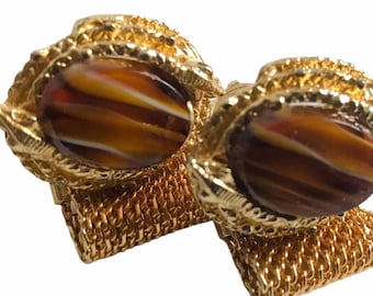 Vintage Cobra Cufflinks: Gold-Tone Serpent Wrap, Brown Tiger's Eye Stone, Retro Menswear, Vintage Snake Cuff Links, Handsome Groom Gift