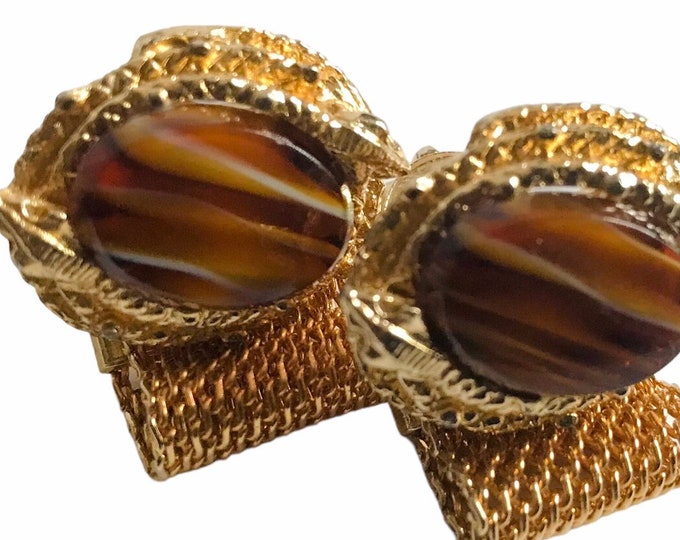 Handsome Brown Vintage Cufflinks, Gold-tone Cobra Serpent Wrap Formal Cuff Links, Mid Century Eclectic Swag, Retro Executive Essential Wear
