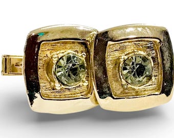 Classic Mod 1960s Retro Cuff Links, Pale Gold-tone Square, Gray Center Stone Accent, Vintage Menswear Jewelry Cufflinks