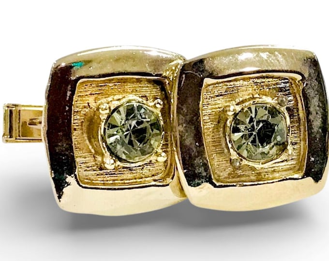 Classic Mod 1960s Retro Cuff Links, Pale Gold-tone Square, Gray Center Stone Accent, Vintage Menswear Jewelry Cufflinks