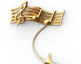 Retro Pin, Musical Theme Tie Lapel Pin Gold Tone, Music Staff with Musical Notes, Treble Clef, Musician Music Lover Gift Formalwear Accent,