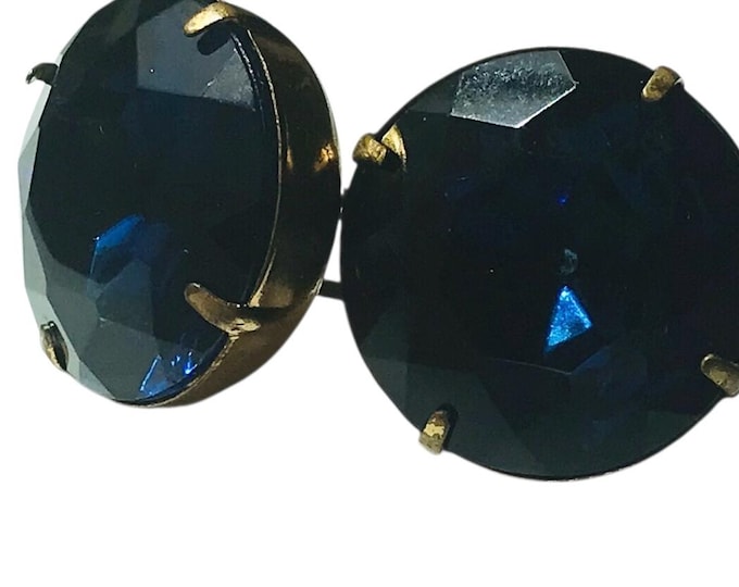 Vintage Cuff Links, Midnight Blue in Goldtone, Large Round Multifaceted Blue Center Stone,