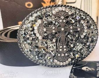 Vintage Glam Belt, Crystal Cross and Black Leather Design, By Cali Belt Co, Never Worn, Like New, With Tags, Vintage Gift,