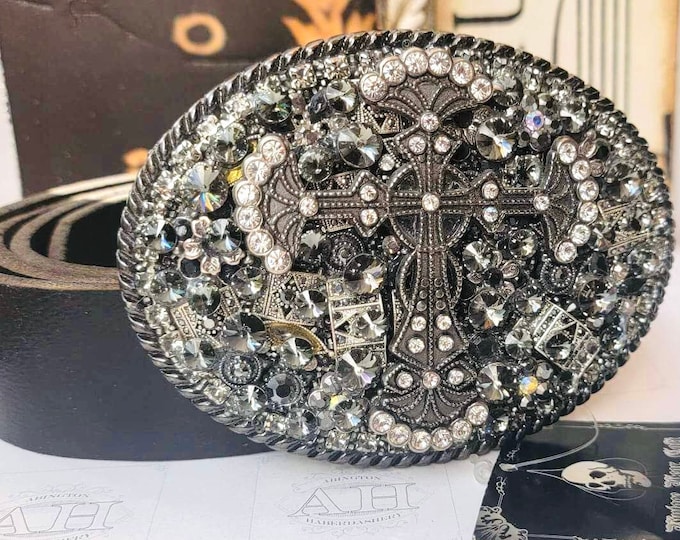 Vintage Glam Belt, Crystal Cross and Black Leather Design, By Cali Belt Co, Never Worn, Like New, With Tags, Vintage Gift,