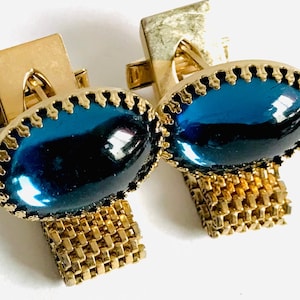 Gold-Tone Blue Lagoon Vintage Cufflinks, Chain Wrap Cuff Links, Oval Sheer Cabochon, Something Blue For Him, Proper Prom Retro Formalwear