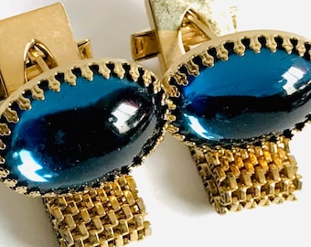 Gold-Tone Blue Lagoon Vintage Cufflinks, Chain Wrap Cuff Links, Oval Sheer Cabochon, Something Blue For Him, Proper Prom Retro Formalwear